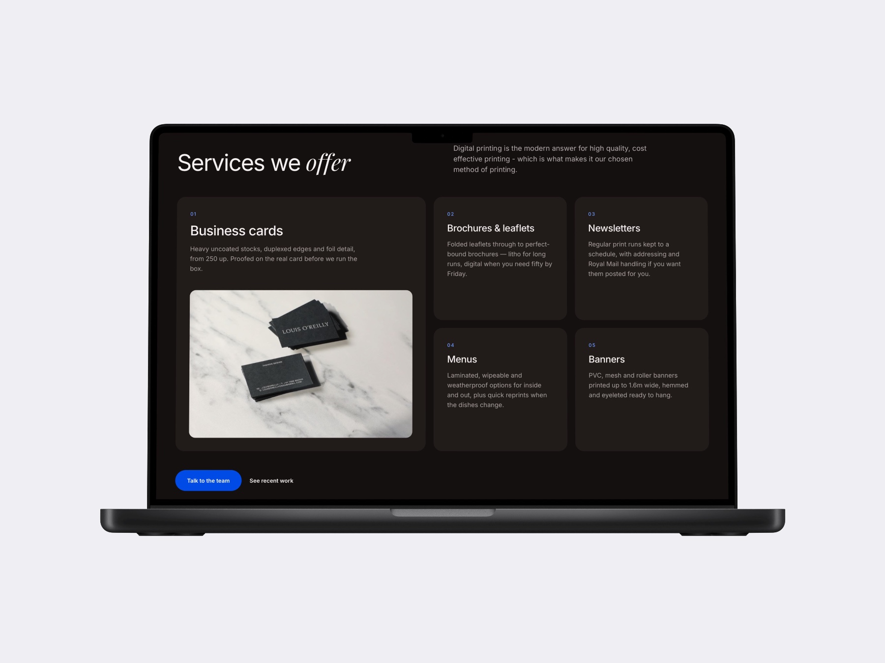 Services section of the Reed Design & Print website